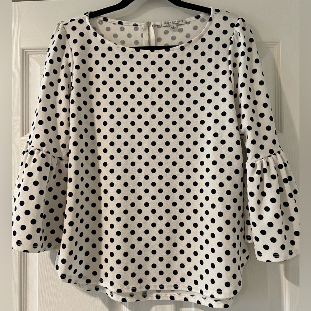 Green Envelope Los Angeles Women's White Black Polka Dot Blouse Size M